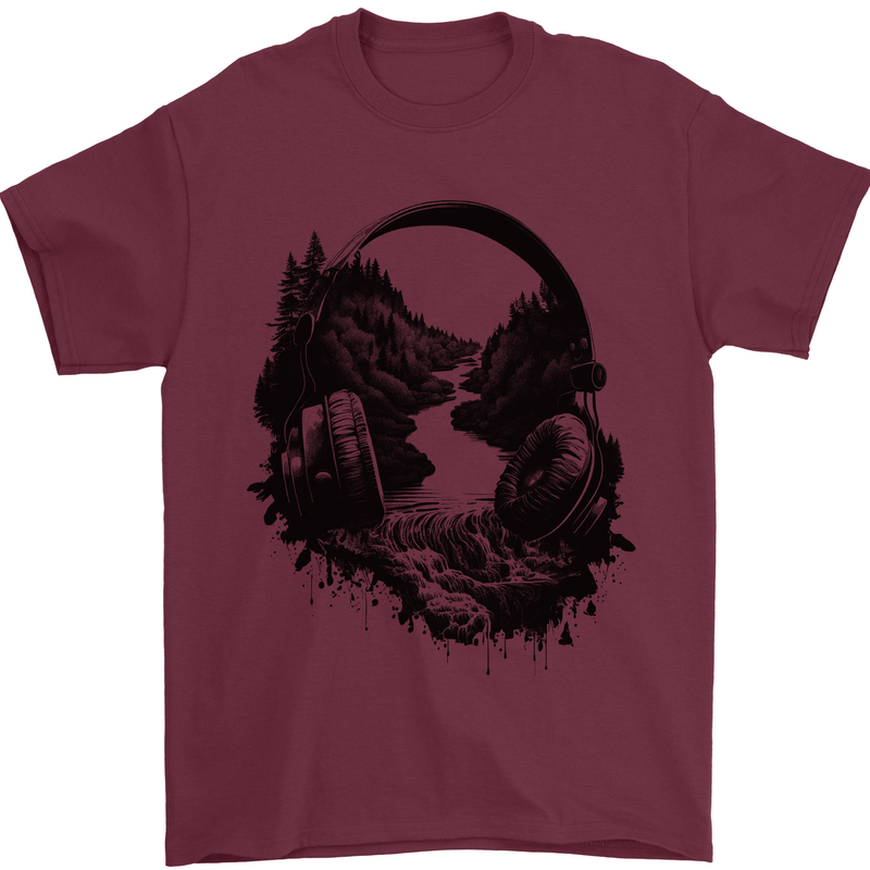Headphones & Nature Music Trekking Hiking Mens T-Shirt 100% Cotton Maroon