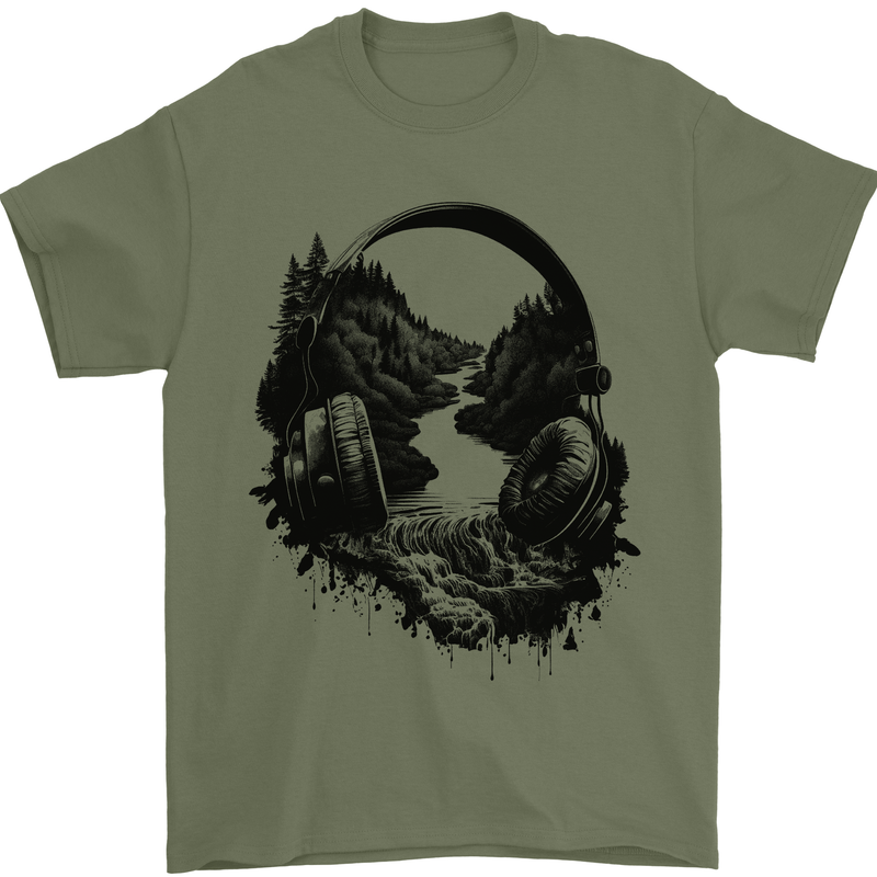 Headphones & Nature Music Trekking Hiking Mens T-Shirt 100% Cotton Military Green
