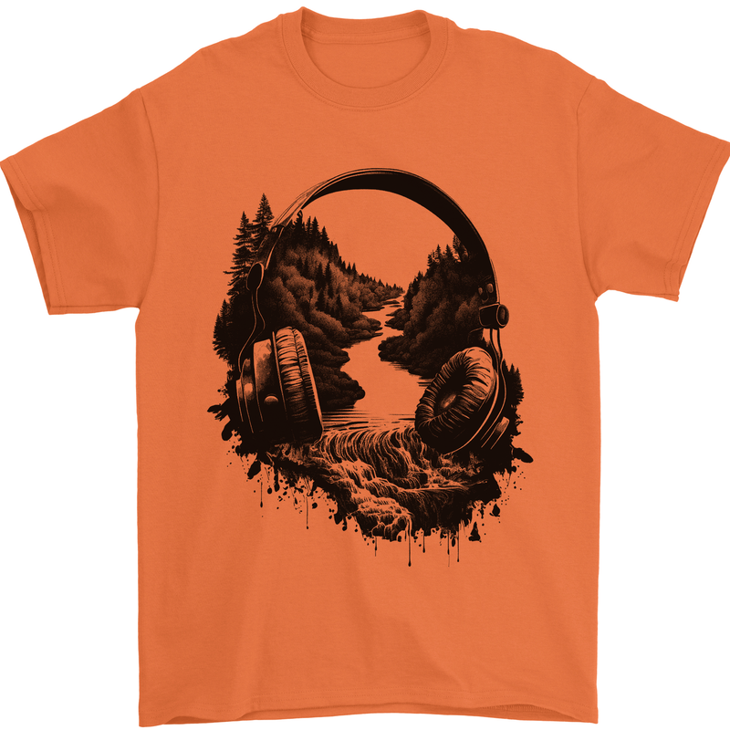 Headphones & Nature Music Trekking Hiking Mens T-Shirt 100% Cotton Orange