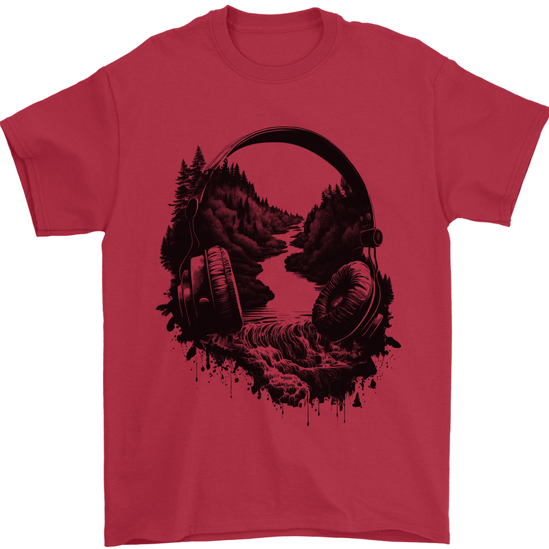 Headphones & Nature Music Trekking Hiking Mens T-Shirt 100% Cotton Red