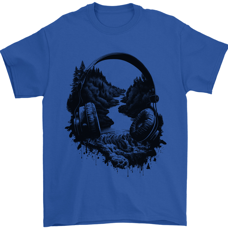 Headphones & Nature Music Trekking Hiking Mens T-Shirt 100% Cotton Royal Blue