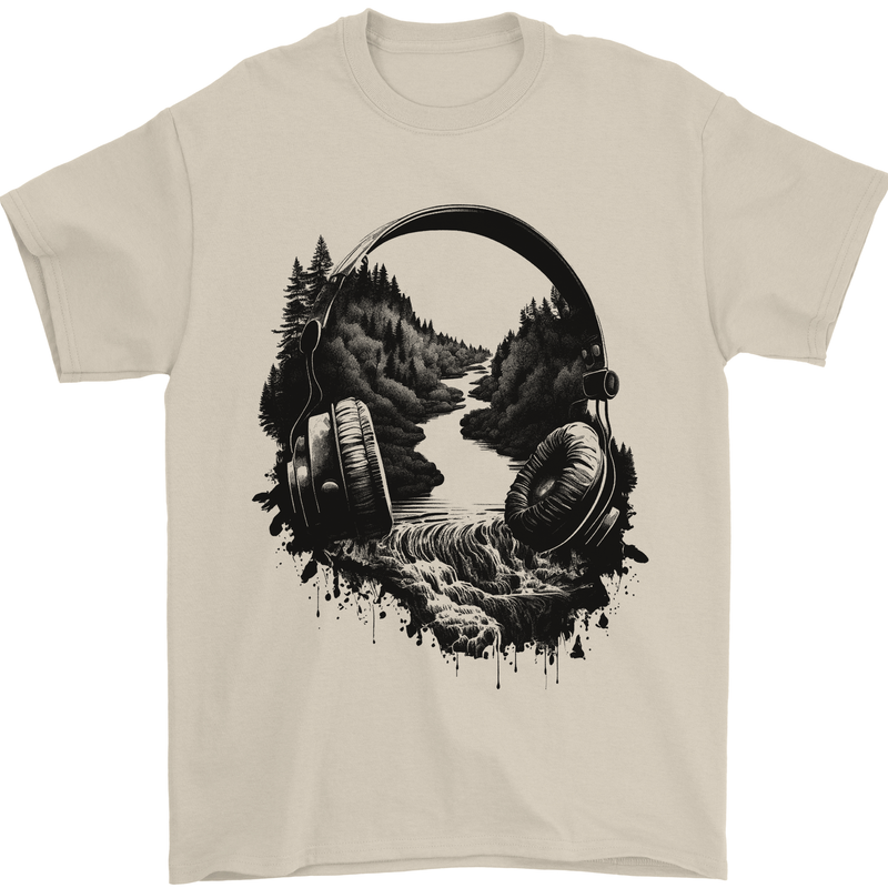 Headphones & Nature Music Trekking Hiking Mens T-Shirt 100% Cotton Sand