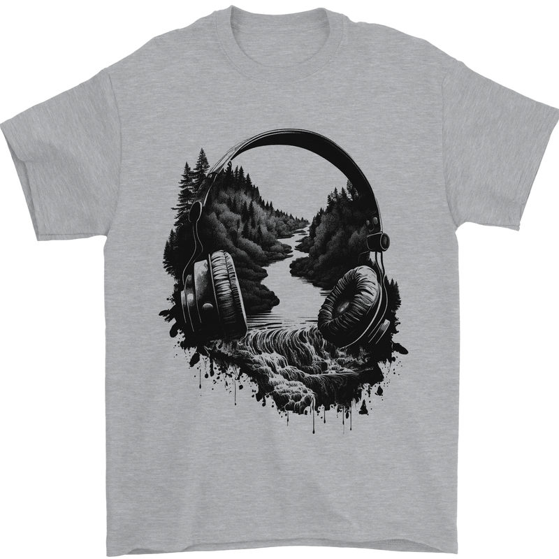 Headphones & Nature Music Trekking Hiking Mens T-Shirt 100% Cotton Sports Grey
