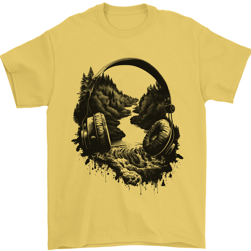 Headphones & Nature Music Trekking Hiking Mens T-Shirt 100% Cotton Yellow