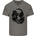 Headphones & Nature Music Trekking Hiking Mens V-Neck Cotton T-Shirt Charcoal