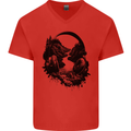 Headphones & Nature Music Trekking Hiking Mens V-Neck Cotton T-Shirt Red