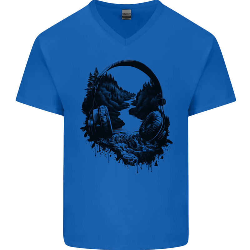 Headphones & Nature Music Trekking Hiking Mens V-Neck Cotton T-Shirt Royal Blue