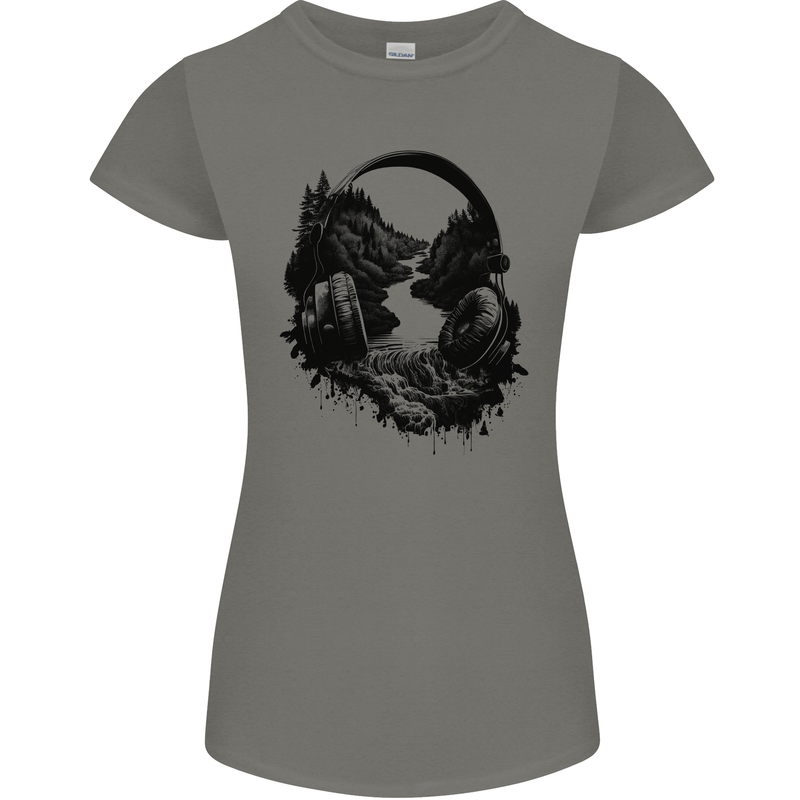 Headphones & Nature Music Trekking Hiking Womens Petite Cut T-Shirt Charcoal