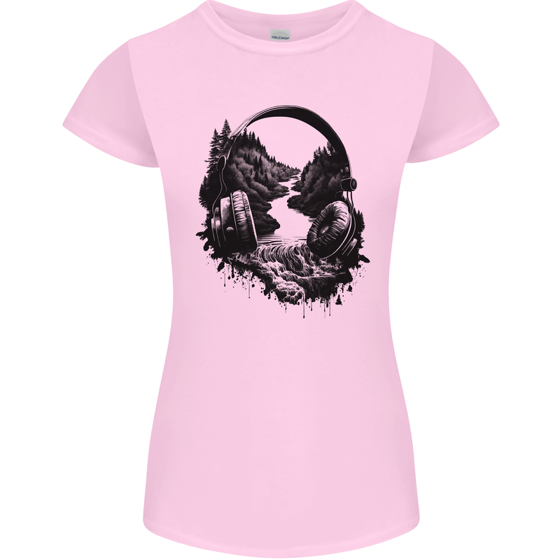 Headphones & Nature Music Trekking Hiking Womens Petite Cut T-Shirt Light Pink