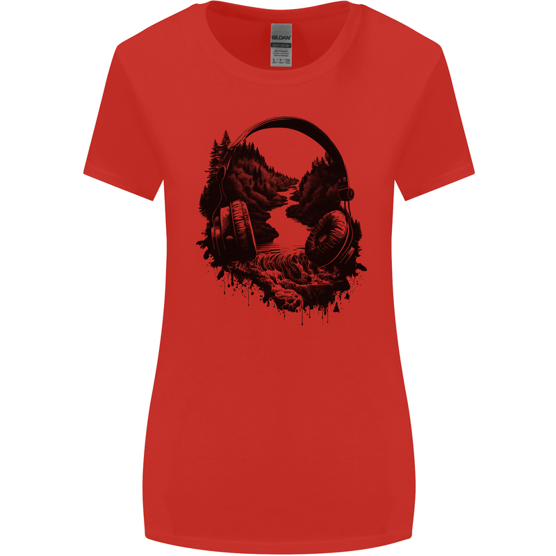 Headphones & Nature Music Trekking Hiking Womens Wider Cut T-Shirt Red