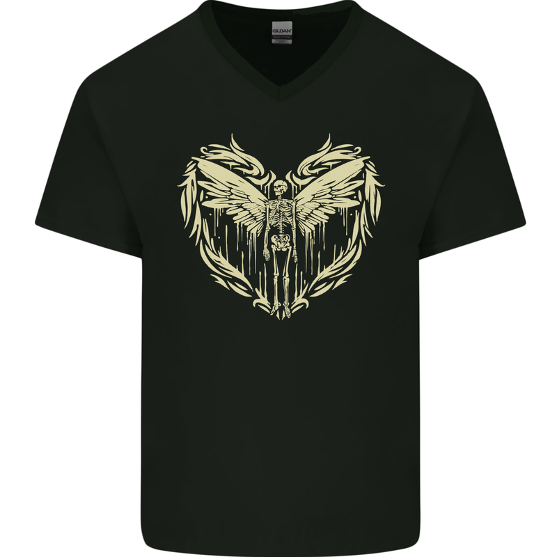 Heaven Angel Skeleton In a Heart Skull Mens V-Neck Cotton T-Shirt Black