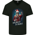 Heavy Christmas Rock n Roll Xmas Skull Metal Mens V-Neck Cotton T-Shirt Black