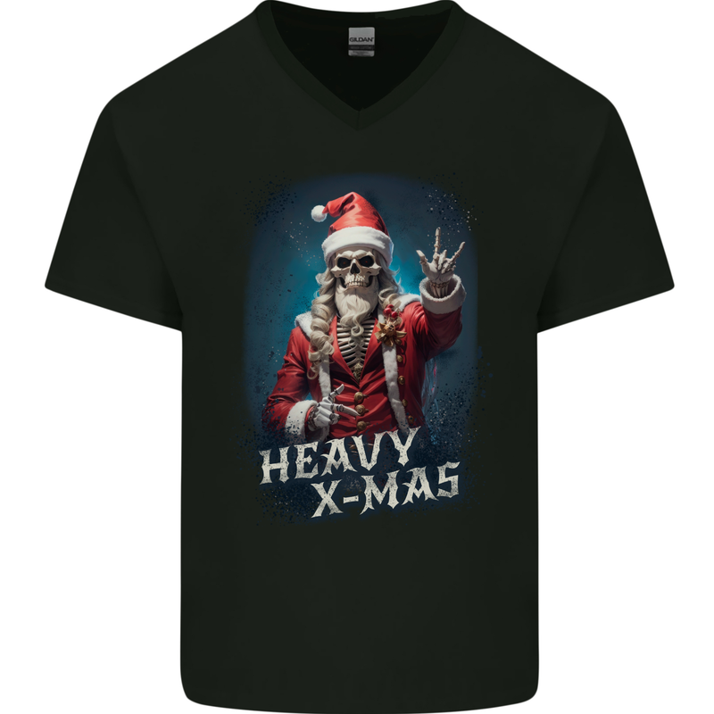 Heavy Christmas Rock n Roll Xmas Skull Metal Mens V-Neck Cotton T-Shirt Black