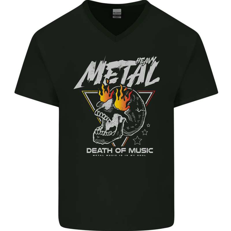 Heavy Metal Death of Music Skull Mens V-Neck Cotton T-Shirt Black