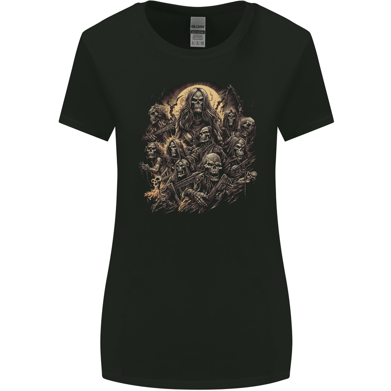 Heavy Metal Skull Rock Band Biker Music Grim Reaper Womens Wider Cut T-Shirt Black