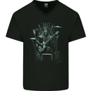 Heavy Metal Throne Skull Rock Music Guitar Mens V-Neck Cotton T-Shirt Black