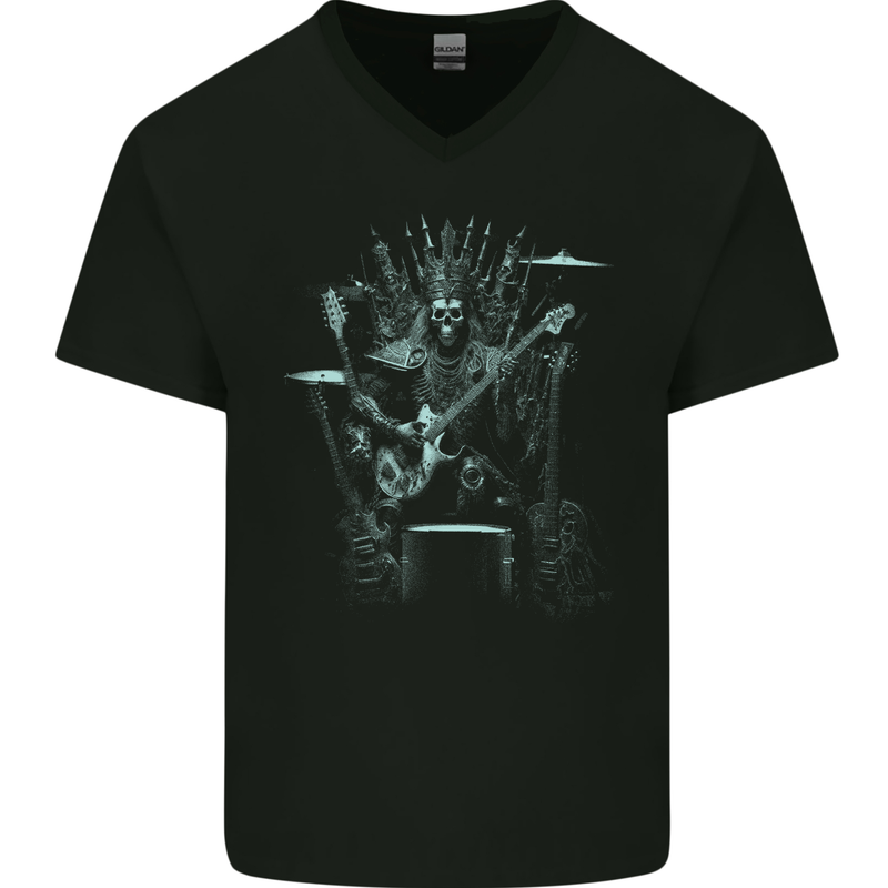 Heavy Metal Throne Skull Rock Music Guitar Mens V-Neck Cotton T-Shirt Black