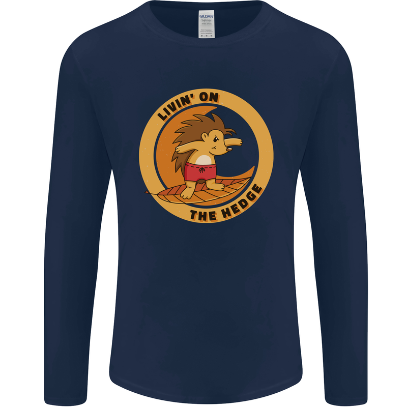 Hedgehog Living on the Hedge Funny Surfing Mens Long Sleeve T-Shirt Navy Blue