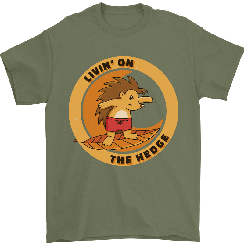 Hedgehog Living on the Hedge Funny Surfing Mens T-Shirt 100% Cotton Military Green