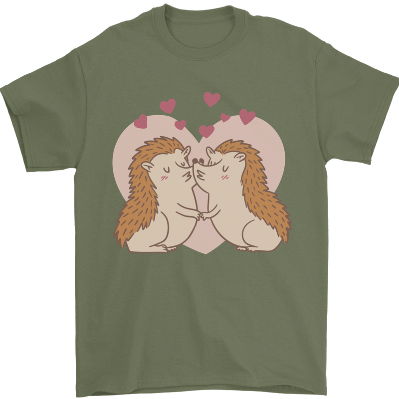 Hedgehog Love Valentines Day Mens T-Shirt 100% Cotton Military Green