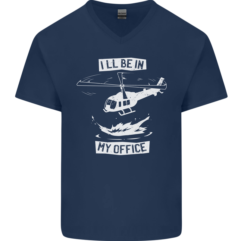 Helicopter Pilot Ill be in My Office Mens V-Neck Cotton T-Shirt Navy Blue