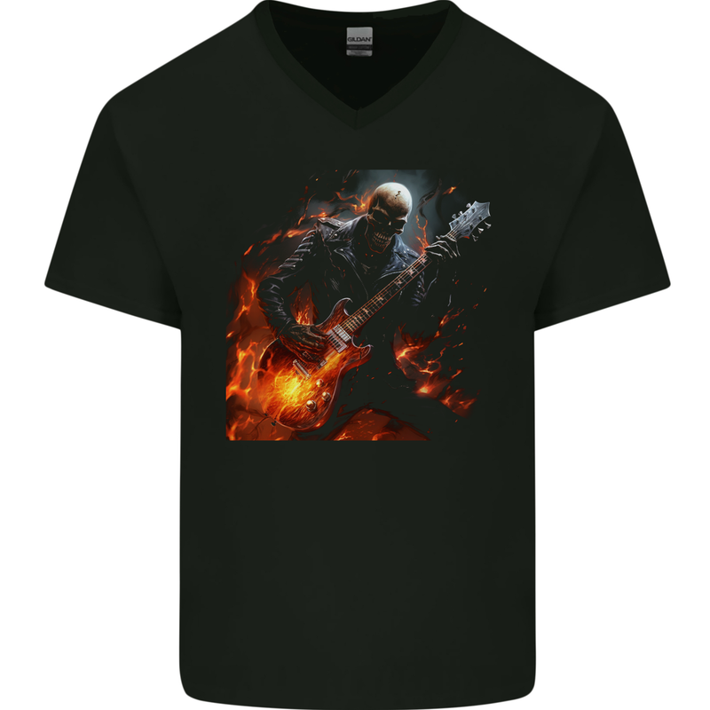Hell Skull Rocker Rock n Roll Heavy Metal Guitar Mens V-Neck Cotton T-Shirt Black