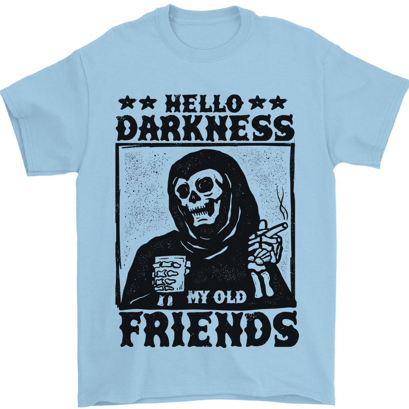 Hello Darkness My Old Friend Grim Reaper Skull Mens T-Shirt 100% Cotton Light Blue