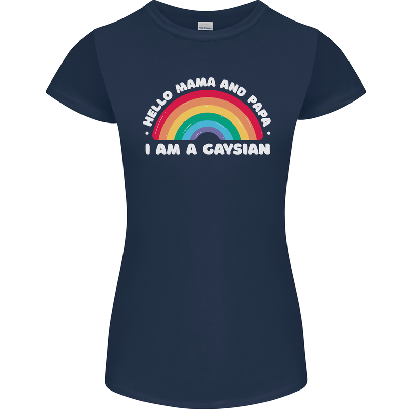 Hello Mama & Papa Im a Gaysian LGBT Womens Petite Cut T-Shirt Navy Blue