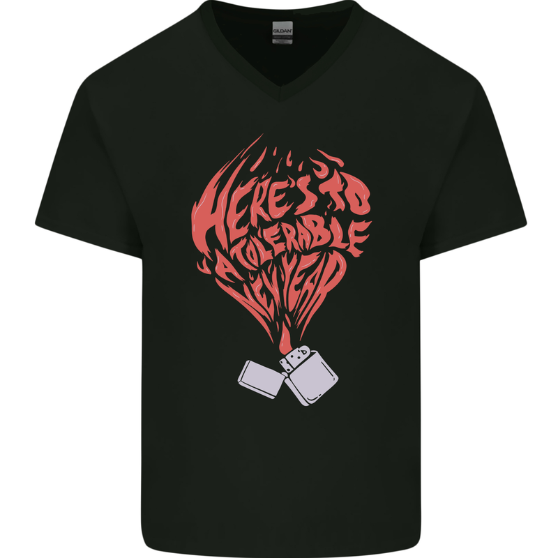 Here's to a Tolerable New Year Cigarette Lighter Mens V-Neck Cotton T-Shirt Black