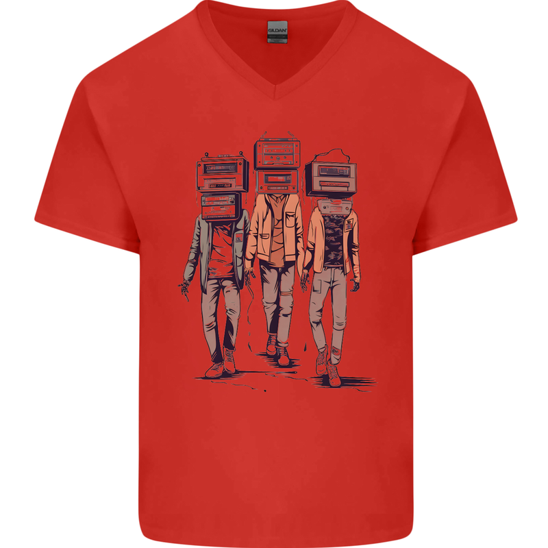 Hi-Fi Head Obscure Music Mens V-Neck Cotton T-Shirt Red