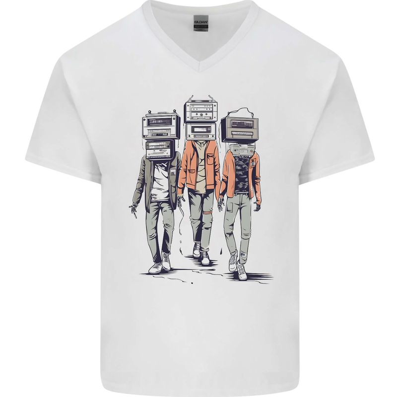 Hi-Fi Head Obscure Music Mens V-Neck Cotton T-Shirt White