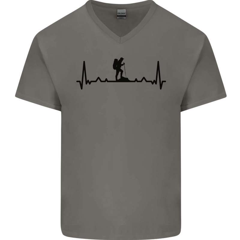 Hiking ECG Walking Rambling Trekking Pulse Mens V-Neck Cotton T-Shirt Charcoal