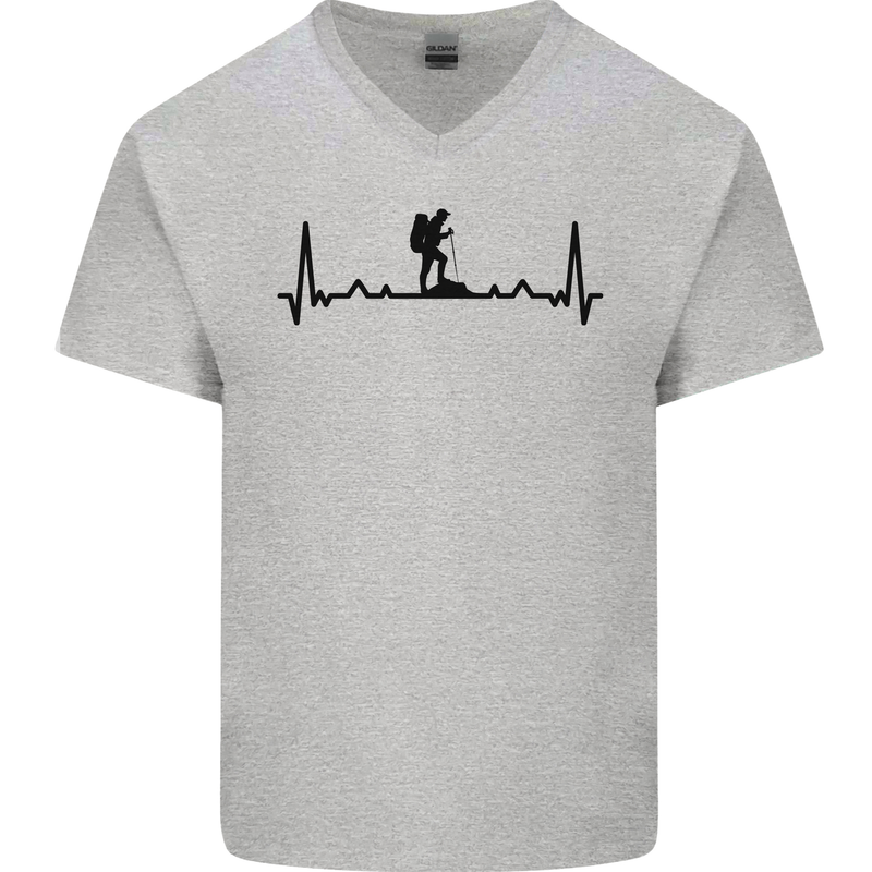 Hiking ECG Walking Rambling Trekking Pulse Mens V-Neck Cotton T-Shirt Sports Grey