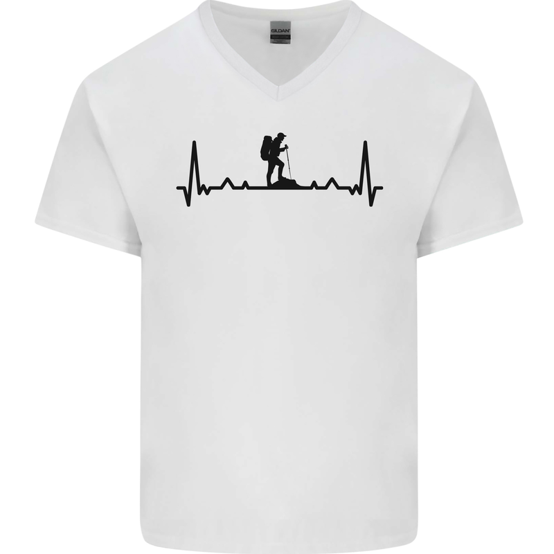 Hiking ECG Walking Rambling Trekking Pulse Mens V-Neck Cotton T-Shirt White