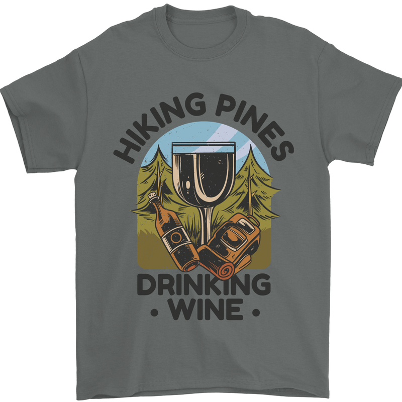 Hiking Pines Drinking Wine Funny Alcohol Mens T-Shirt 100% Cotton Charcoal