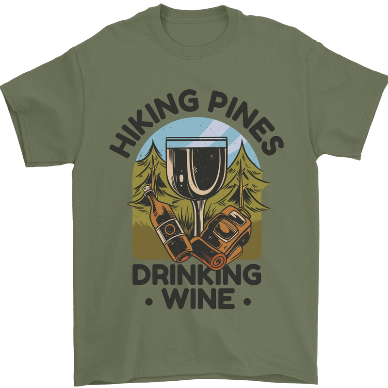 Hiking Pines Drinking Wine Funny Alcohol Mens T-Shirt 100% Cotton Military Green