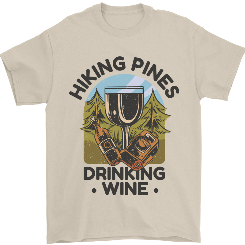 Hiking Pines Drinking Wine Funny Alcohol Mens T-Shirt 100% Cotton Sand