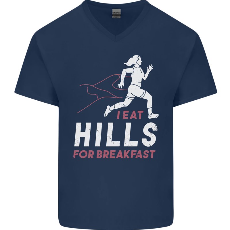 Hills Running Marathon Cross Country Runner Mens V-Neck Cotton T-Shirt Navy Blue