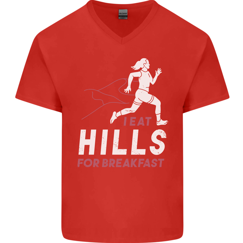 Hills Running Marathon Cross Country Runner Mens V-Neck Cotton T-Shirt Red