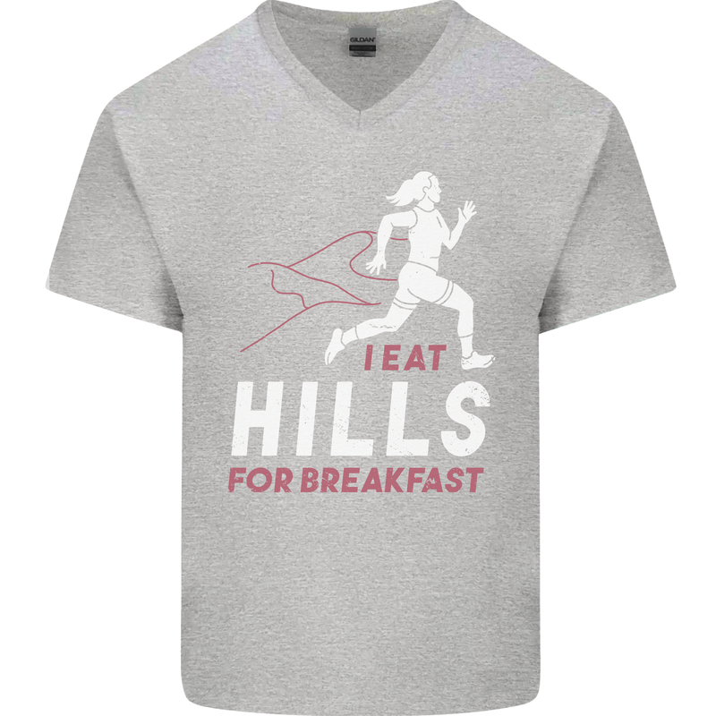 Hills Running Marathon Cross Country Runner Mens V-Neck Cotton T-Shirt Sports Grey