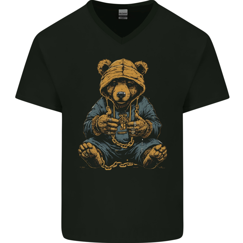 Hip-Hop Teddy Bear Gangsta Rap Gangster Mens V-Neck Cotton T-Shirt Black