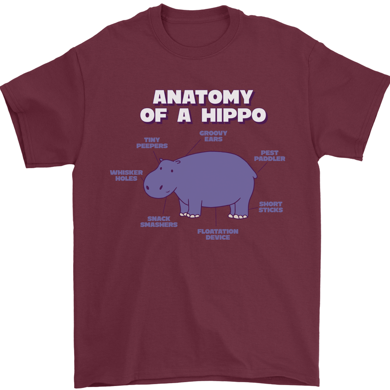Hippo Anatomy Funny Hippopotamus Mens T-Shirt 100% Cotton Maroon