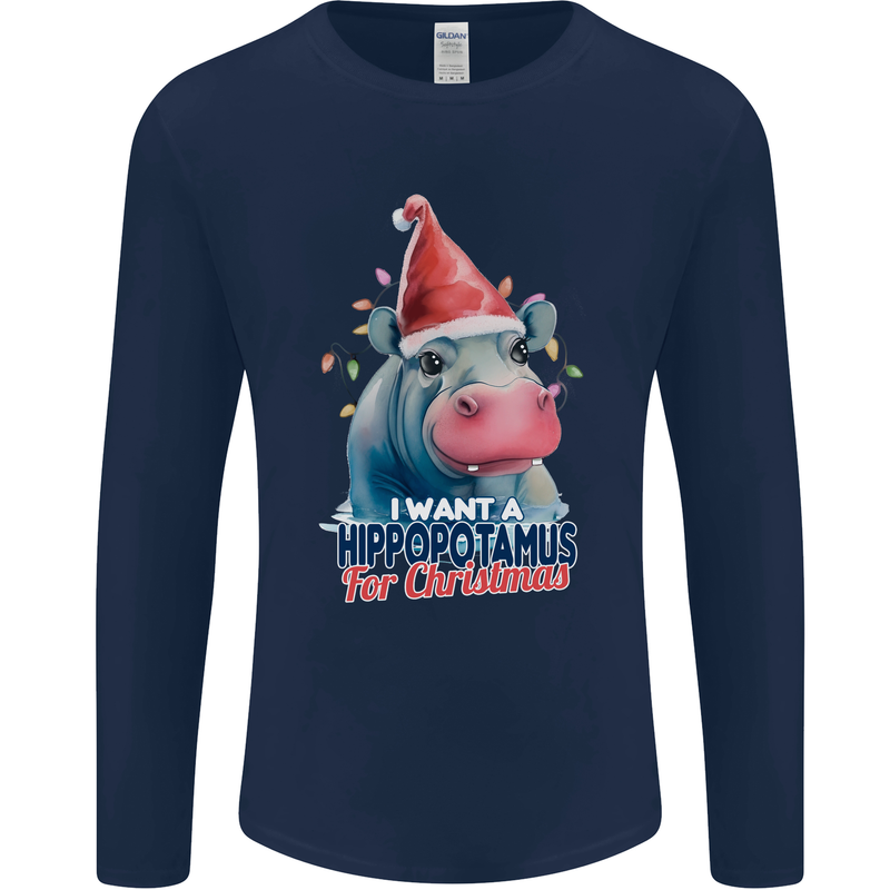 Hippopotamus For Christmas Hippo Xmas Mens Long Sleeve T-Shirt Navy Blue