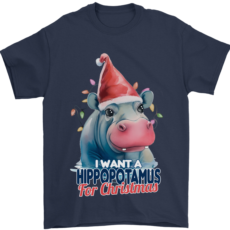 Hippopotamus For Christmas Hippo Xmas Mens T-Shirt 100% Cotton Navy Blue