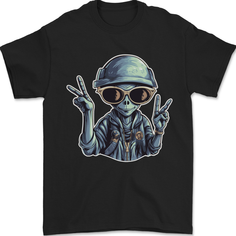 Hippy Peace Alien Mens T-Shirt 100% Cotton Black