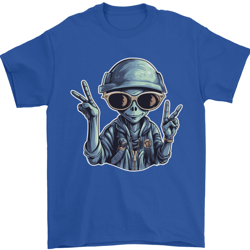 Hippy Peace Alien Mens T-Shirt 100% Cotton Royal Blue