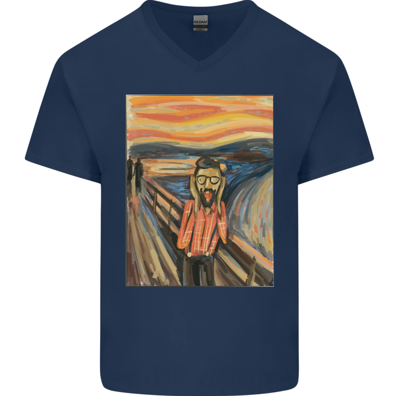 Hipster Scream Painting Mens V-Neck Cotton T-Shirt Navy Blue