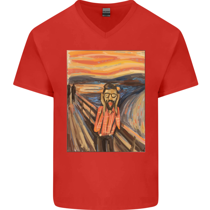 Hipster Scream Painting Mens V-Neck Cotton T-Shirt Red