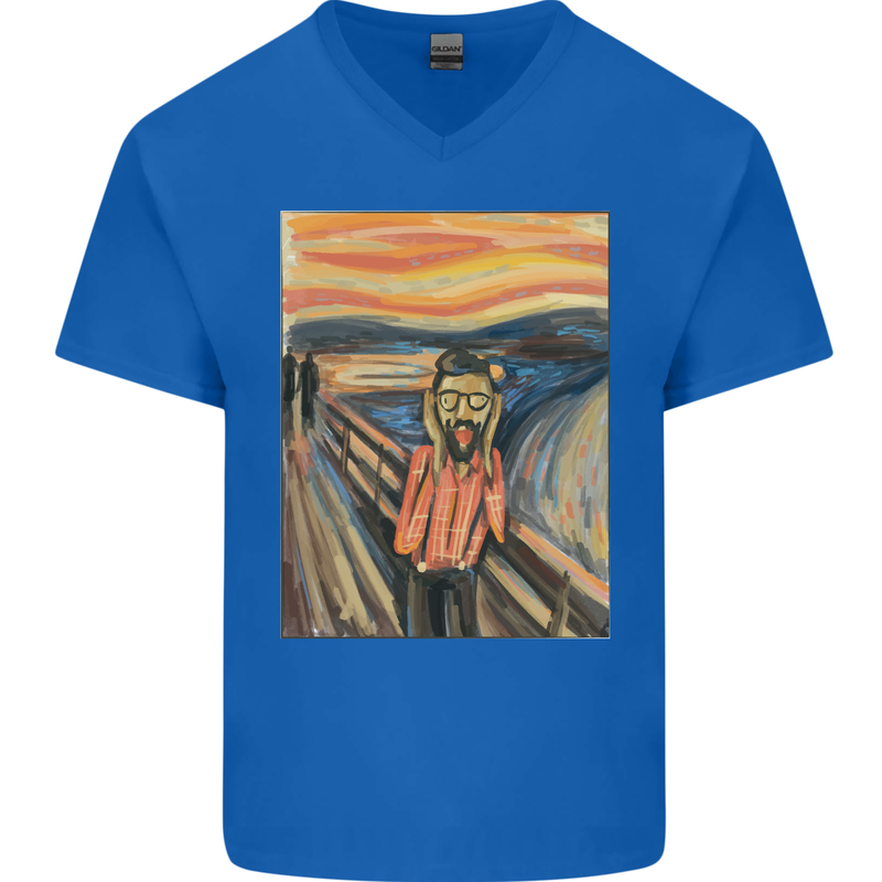 Hipster Scream Painting Mens V-Neck Cotton T-Shirt Royal Blue