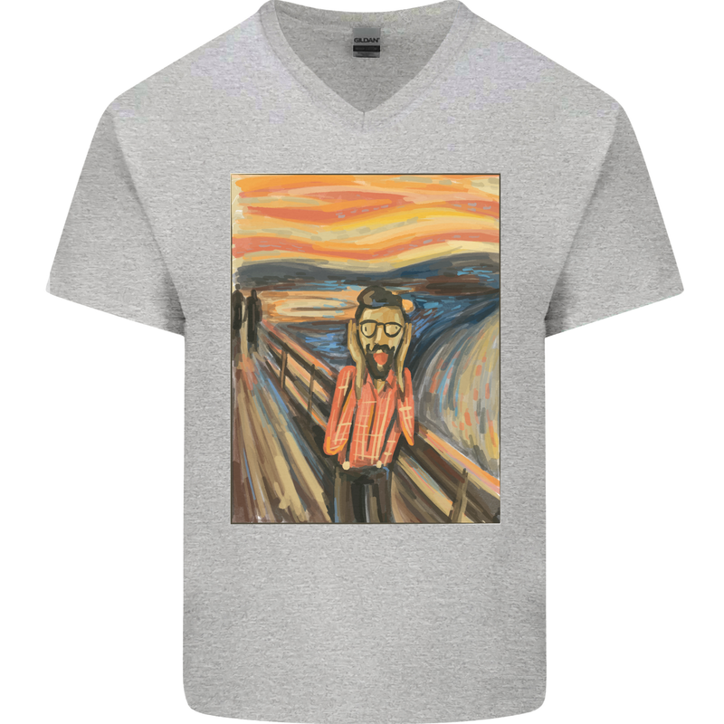 Hipster Scream Painting Mens V-Neck Cotton T-Shirt Sports Grey